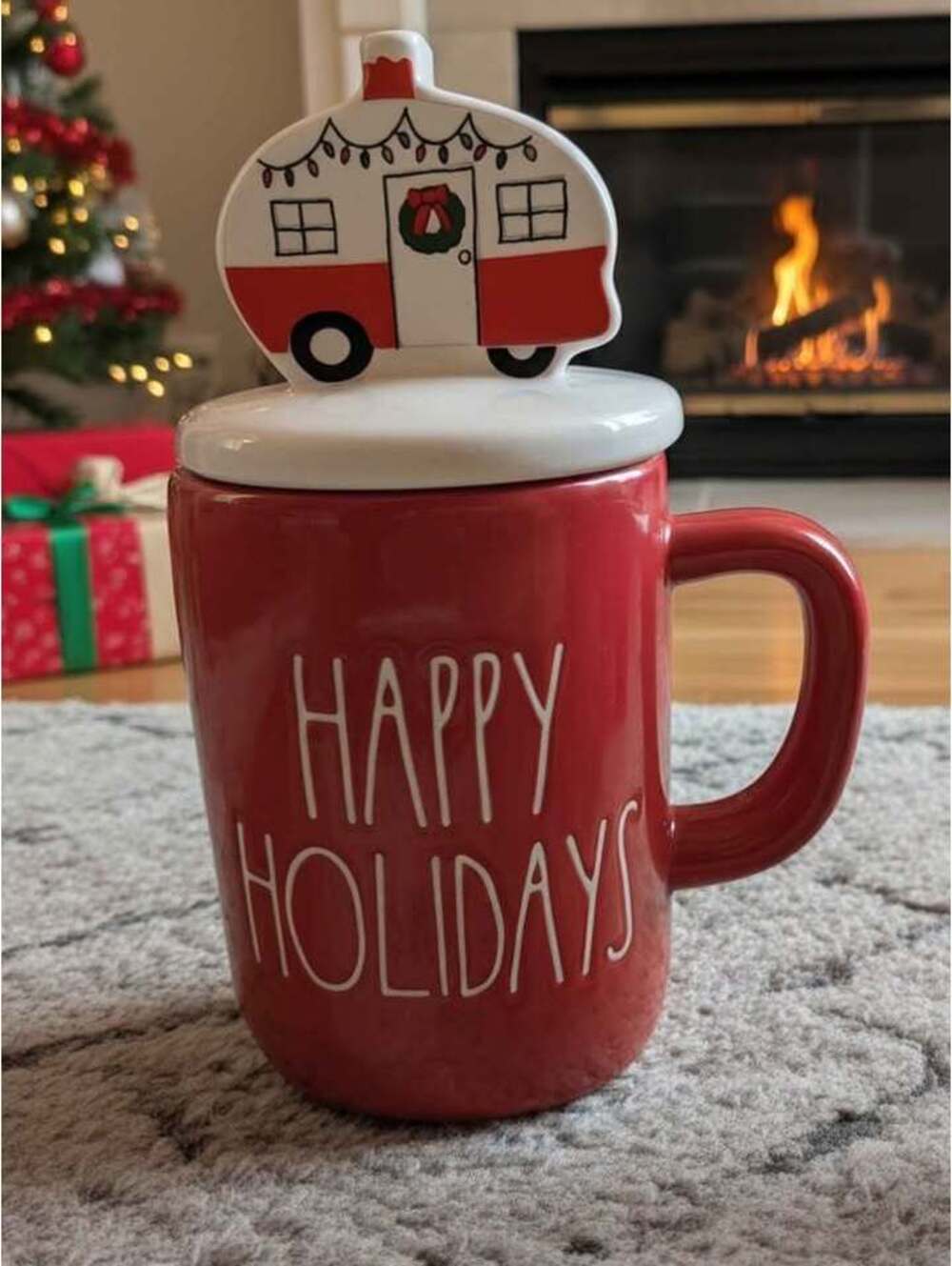 Rae Dunn Happy Holidays Mug with Camper Topper
